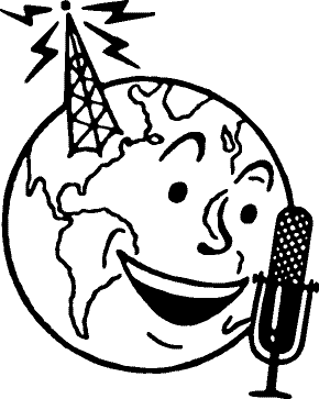 Illustration of a cartoon globe in front of a radio tower, speaking into a microphone.